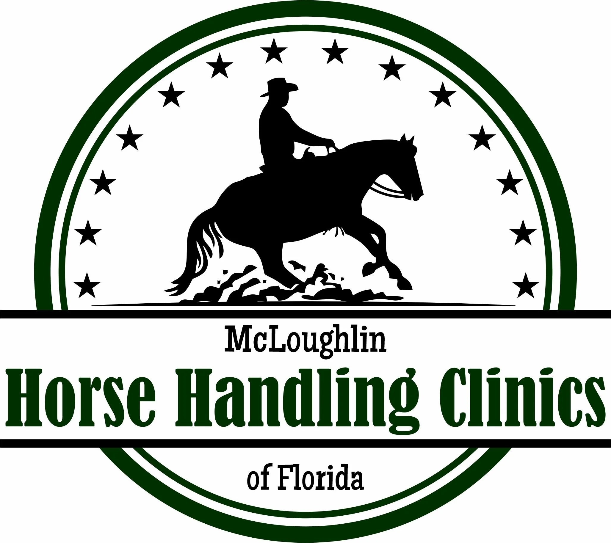 A logo for McLoughlin Horse Handling Clinics featuring a black silhouette of a cowboy riding a horse, surrounded by stars and circular green border, with text below that says 'McLoughlin Horse Handling Clinics' and 'of Florida'.