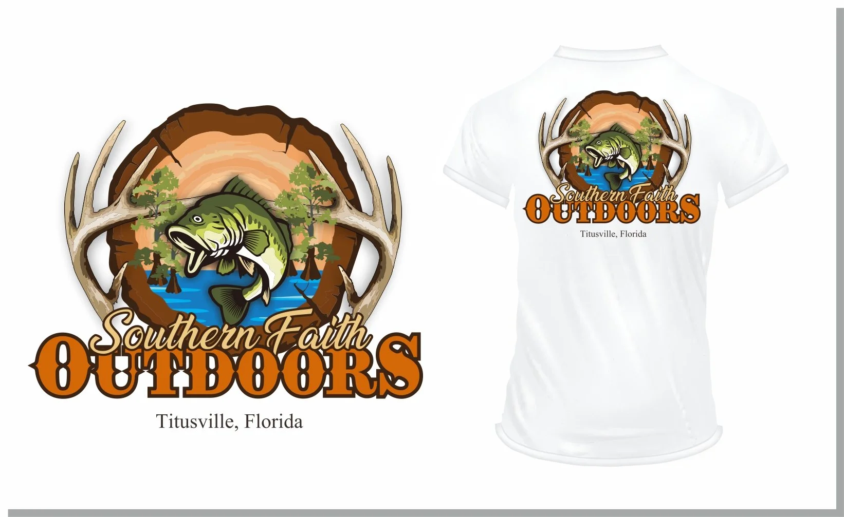 A graphic of a fish with a wide open mouth, surrounded by trees and water, with deer antlers framing the top part of the design, and the text 'Southern Faith OUTDOORS, Titusville, Florida' underneath. The graphic is printed on a white T-shirt.