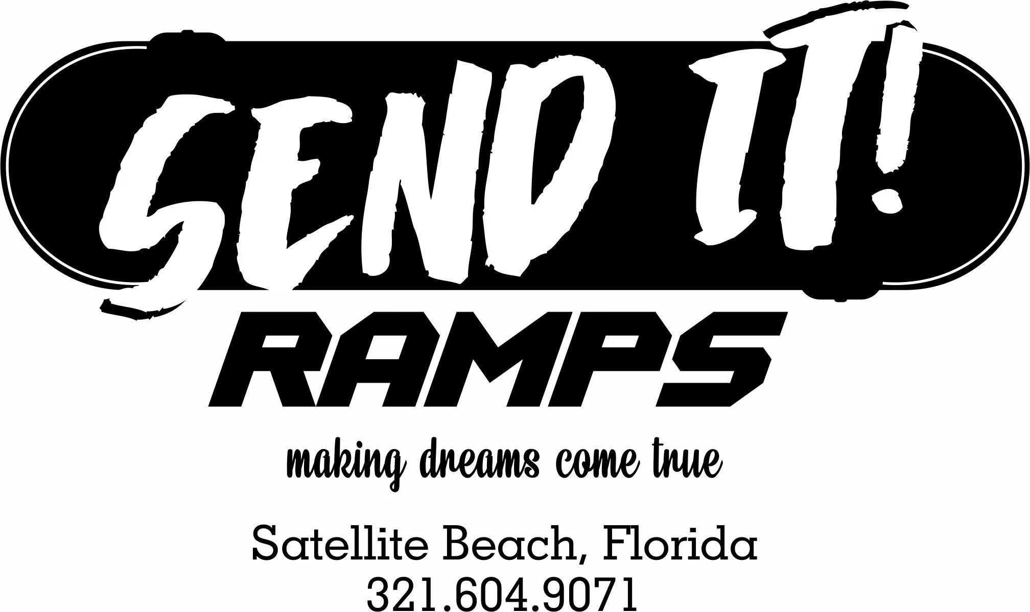 Logo for Enduro Ramps with the tagline 'making dreams come true,' and contact information for satellite Beach, Florida.