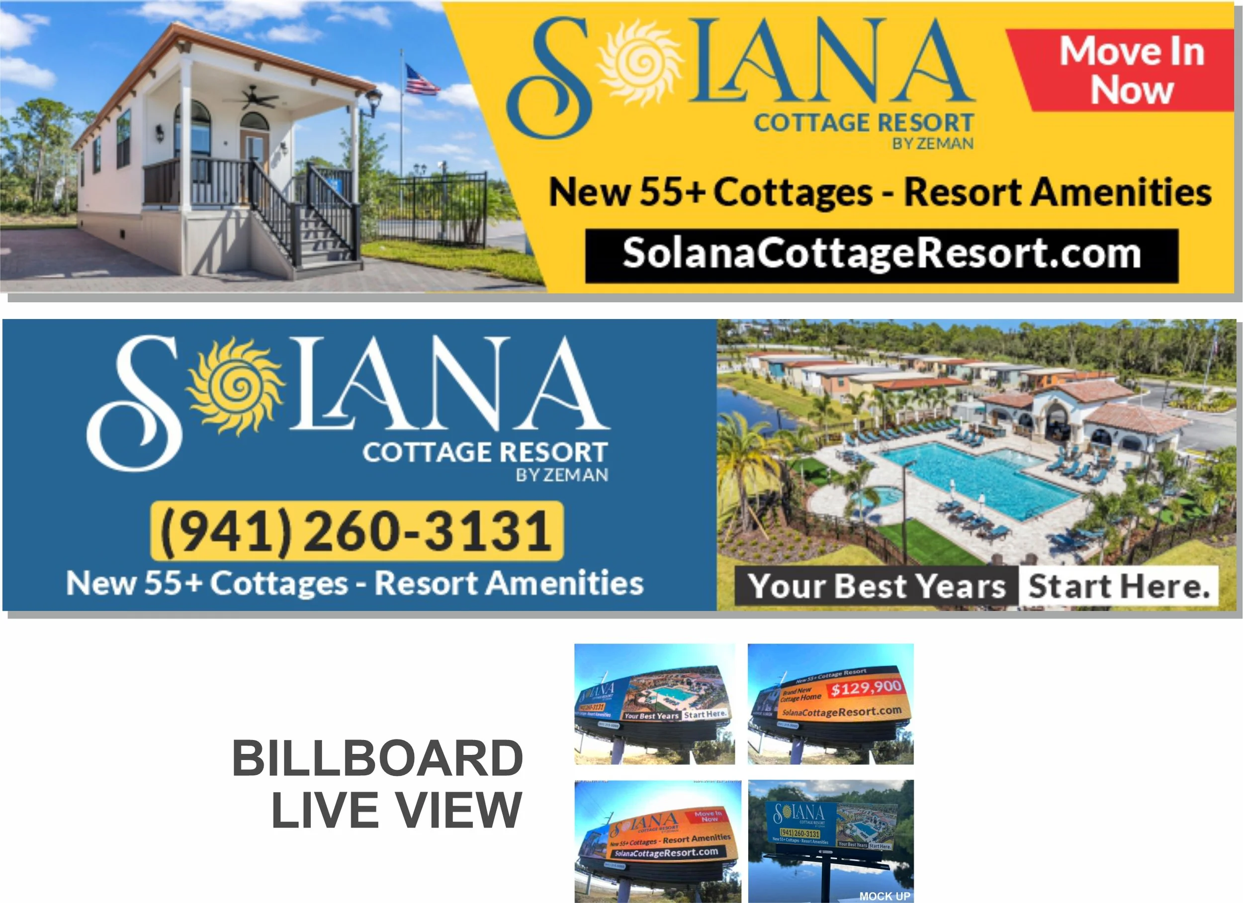 Advertisement for Solana Cottage Resort by Zeman featuring images of cottages, a swimming pool, and billboards promoting the resort. Contains information about new cottages, amenities, and contact details.