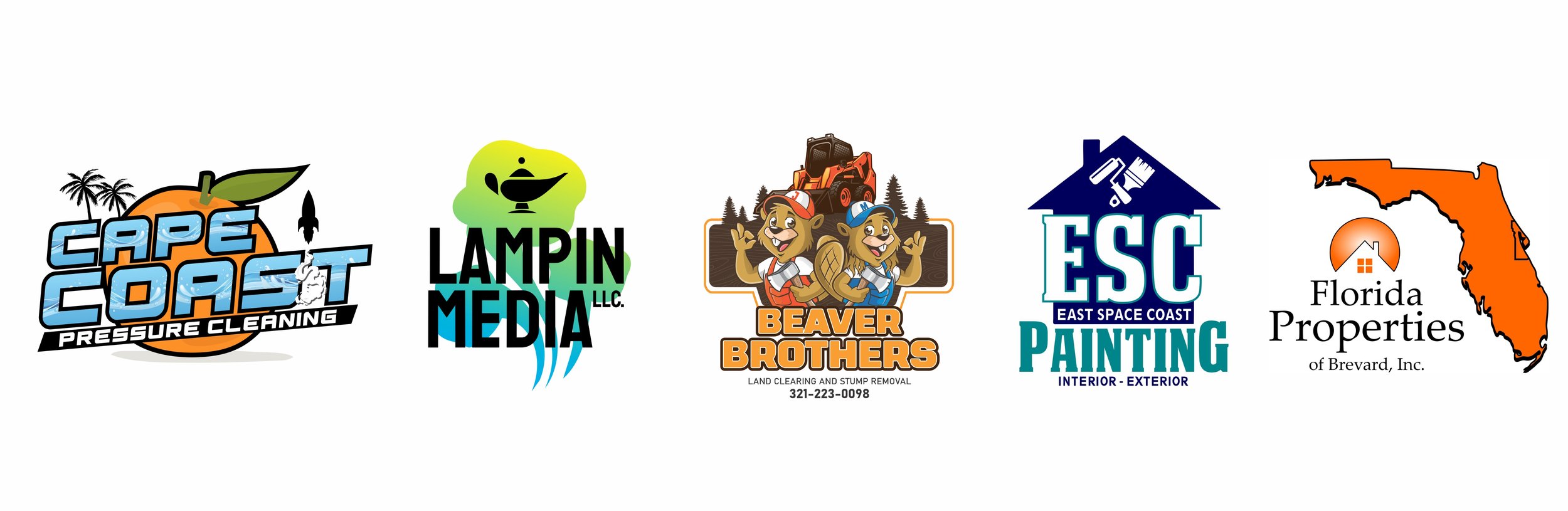 Logos of five companies: Cape Coast Pressure Cleaning, Lampin Media LLC, Beaver Brothers landscaping with two beaver characters, East Space Coast Painting, and Florida Properties of Brevard Inc.