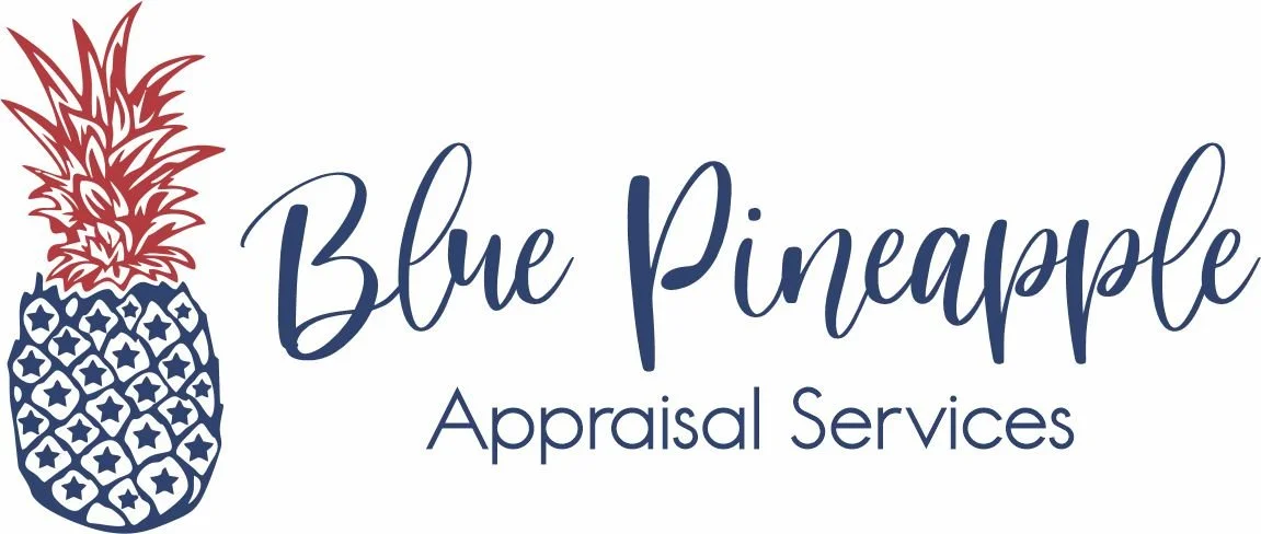 Logo for Blue Pineapple Appraisal Services featuring a stylized blue pineapple with a red crown.