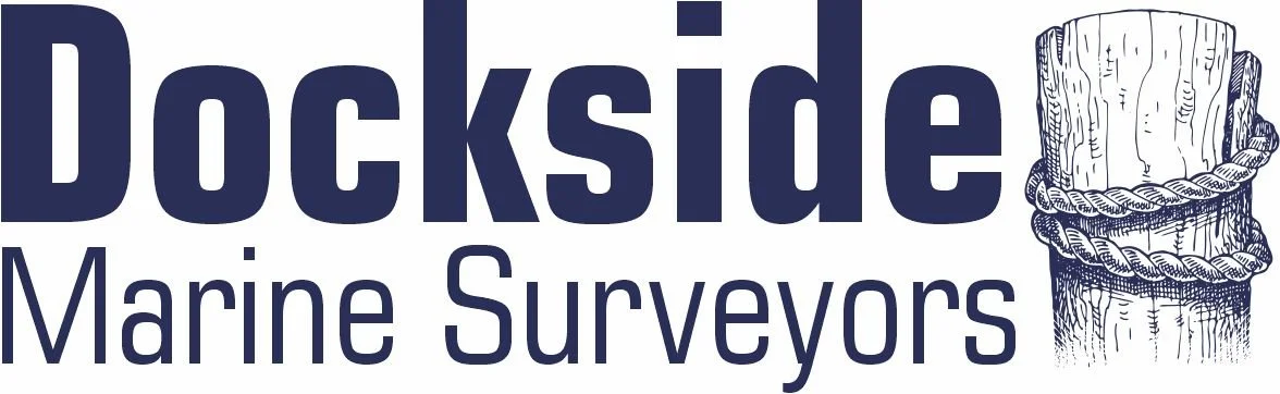 Logo for Dockside Marine Surveyors featuring text and a graphic of a wooden dock post wrapped with a rope.