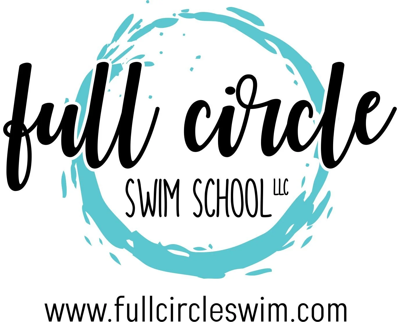 Logo for Full Circle Swim School LLC with black cursive and uppercase text, surrounded by a light blue circle stroke, and the website www.fullcircleswim.com below.