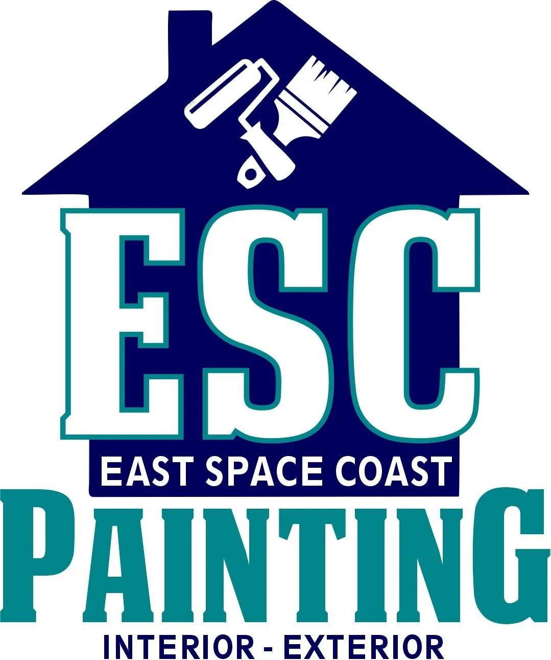 Logo for East Space Coast Painting featuring a house silhouette with paint roller, brush, and paint splash, displaying text "ESC East Space Coast Painting Interior Exterior."