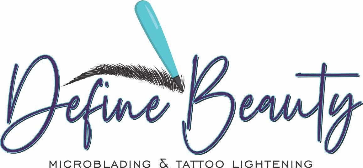 Logo for Define Beauty with the text 'MICROBLADING & TATTOO LIGHTENING', featuring an eyebrow with hair strokes and a tattoo machine needle.
