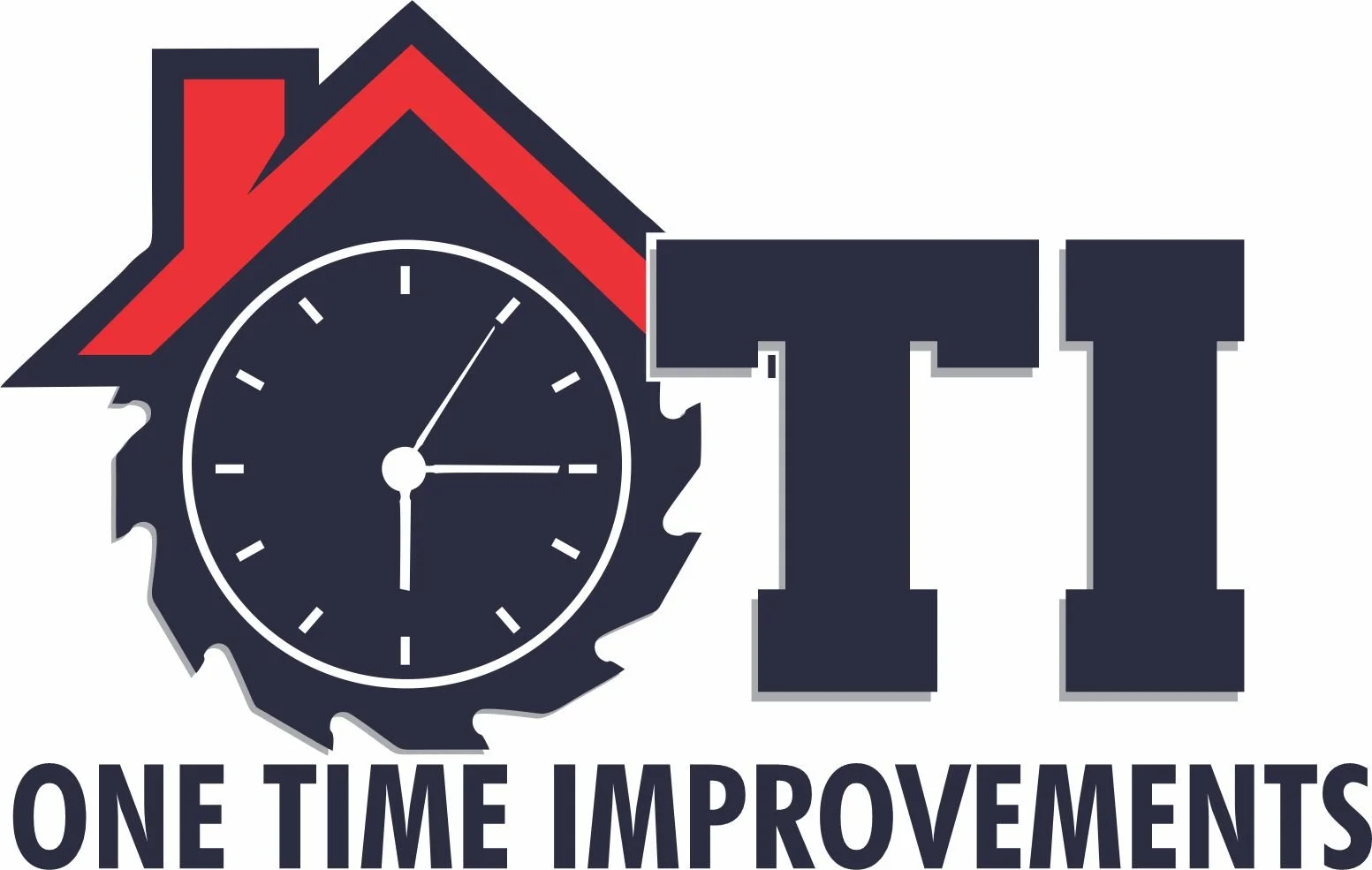 Logo of a house with a clock in the shape of a gear, the hour and minute hands pointing to 3 and 12, and the text 'TIT' with the tagline 'One Time Improvements' below.
