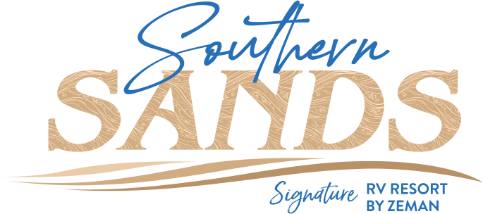 Logo for Southern Sands Signature RV Resort by Zeman, featuring stylized text and wavy lines.