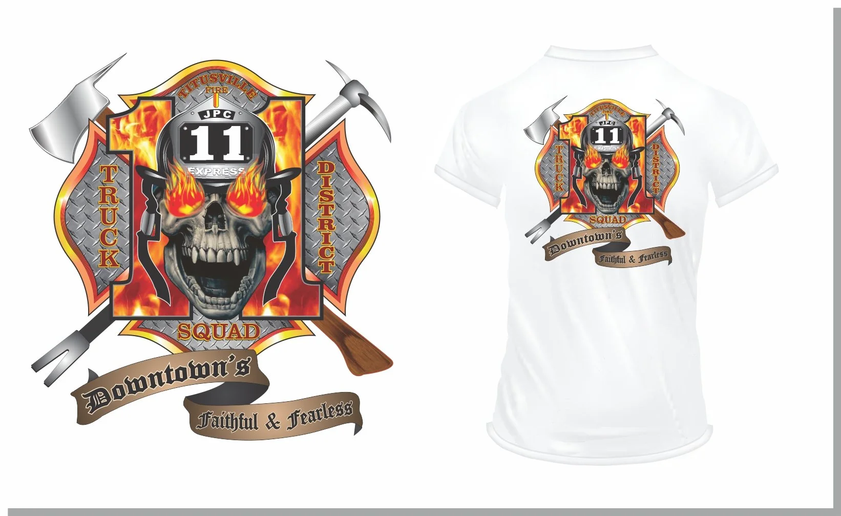 Design featuring a skull with flames for eyes, surrounded by firefighting tools like an axe, pickaxe, and pitchfork, with a badge displaying the number 11. Words include "Firefighter," "Truck," "Squad," and "Distribute" with a banner that reads "Down