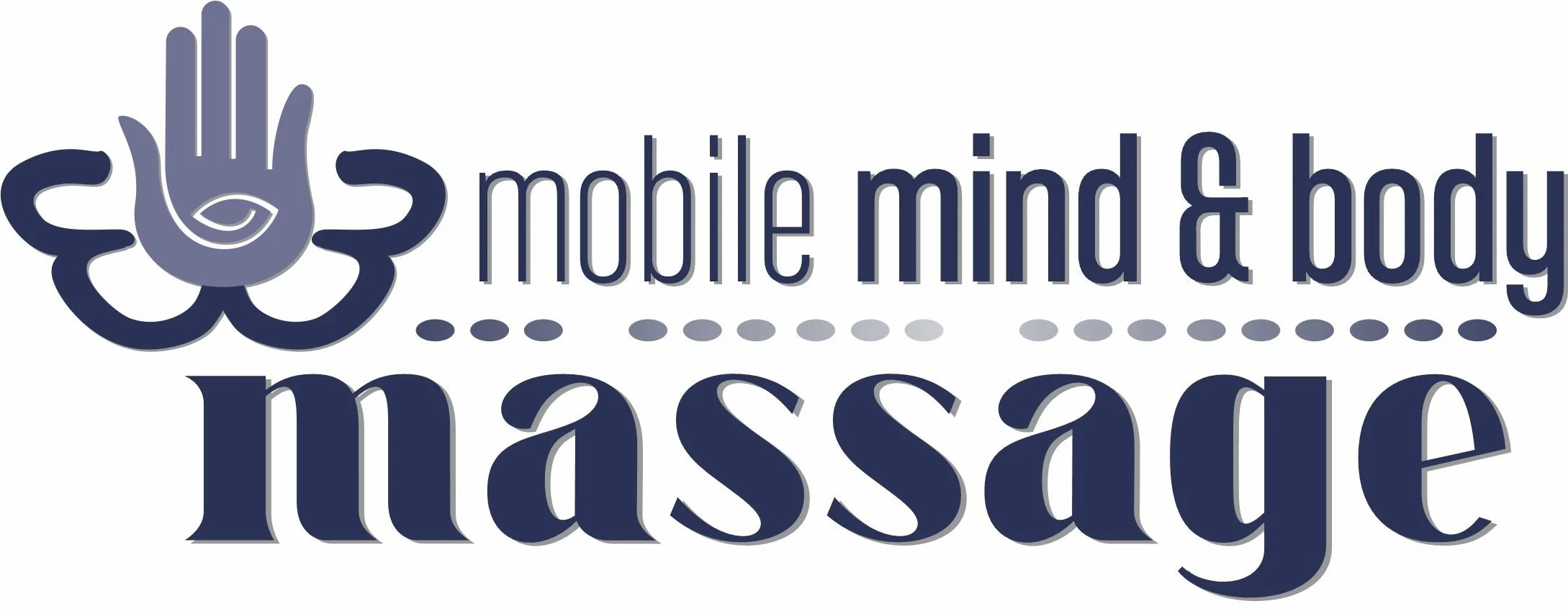 Logo with a blue hand with a spiral eye in the palm and words 'smile mind & body massage' in blue text.