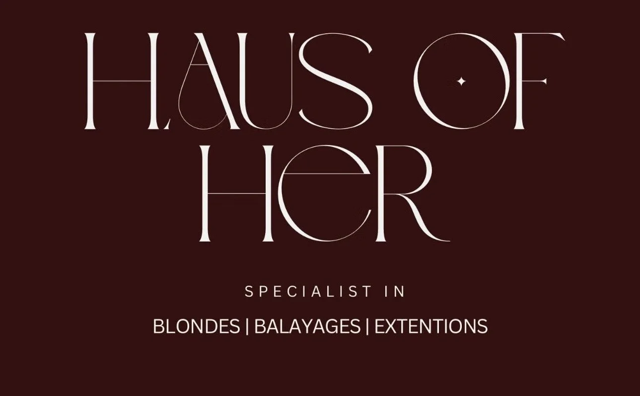 Logo for Haus of HCR, a hair salon specializing in blondes, balayages, and extensions, on a dark red background.