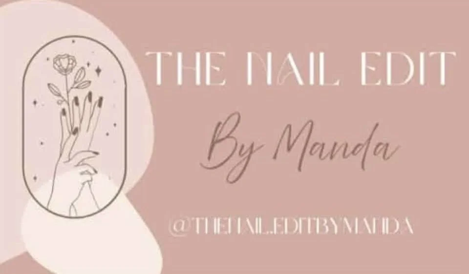 A graphic design promoting nail editing services by Manda, with a minimalist illustration of a hand holding a flower, and the text 'The Nail Edit By Manda @theN.fortymeda' on a pink background.