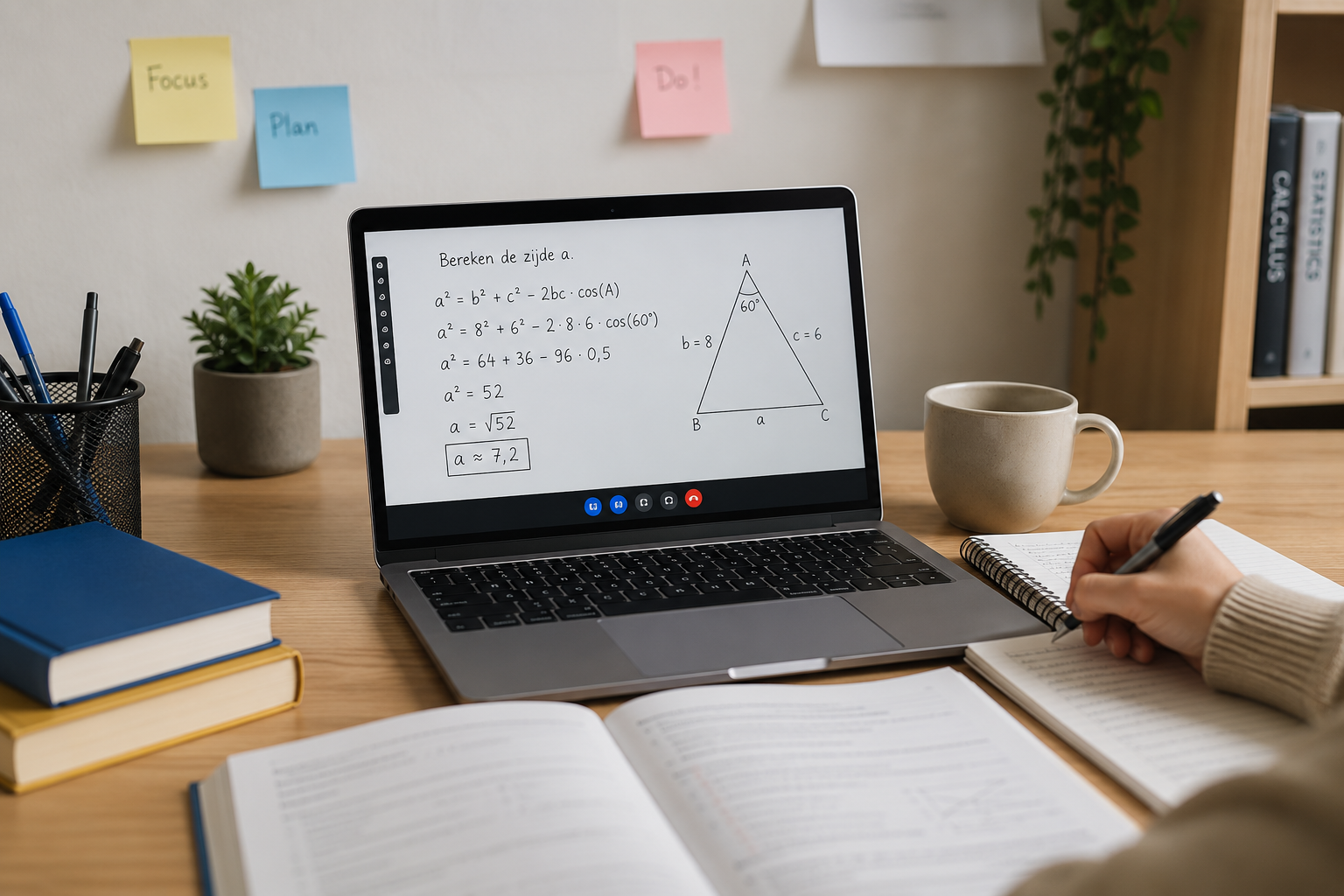 Een bureau met een open laptop die wiskundige formules en een vierkantige diagram van een driehoek vertoont, een hand die schrijft in een notitieboekje, boeken, een koffiemok, pennenhouder en planten op de achtergrond, met gekleurde memo's op de muur.
