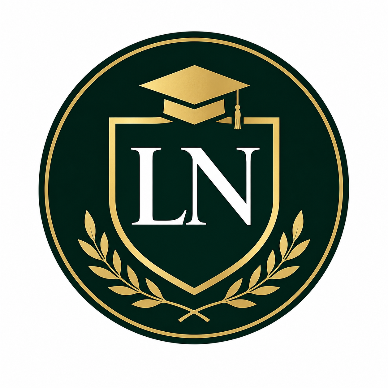 Een zwarte en gouden badge met een laureaatkrans, een schoolhoed en de letters 'LN' in het midden.