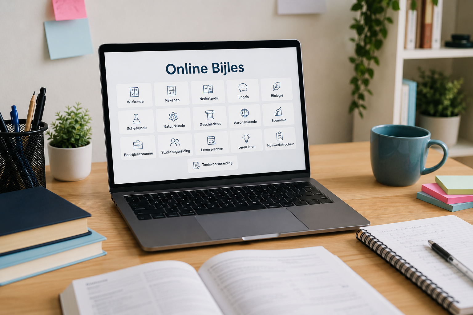 Laptop op een bureau met online bijles cursussen op het scherm, omringd door studiematerialen en planten.