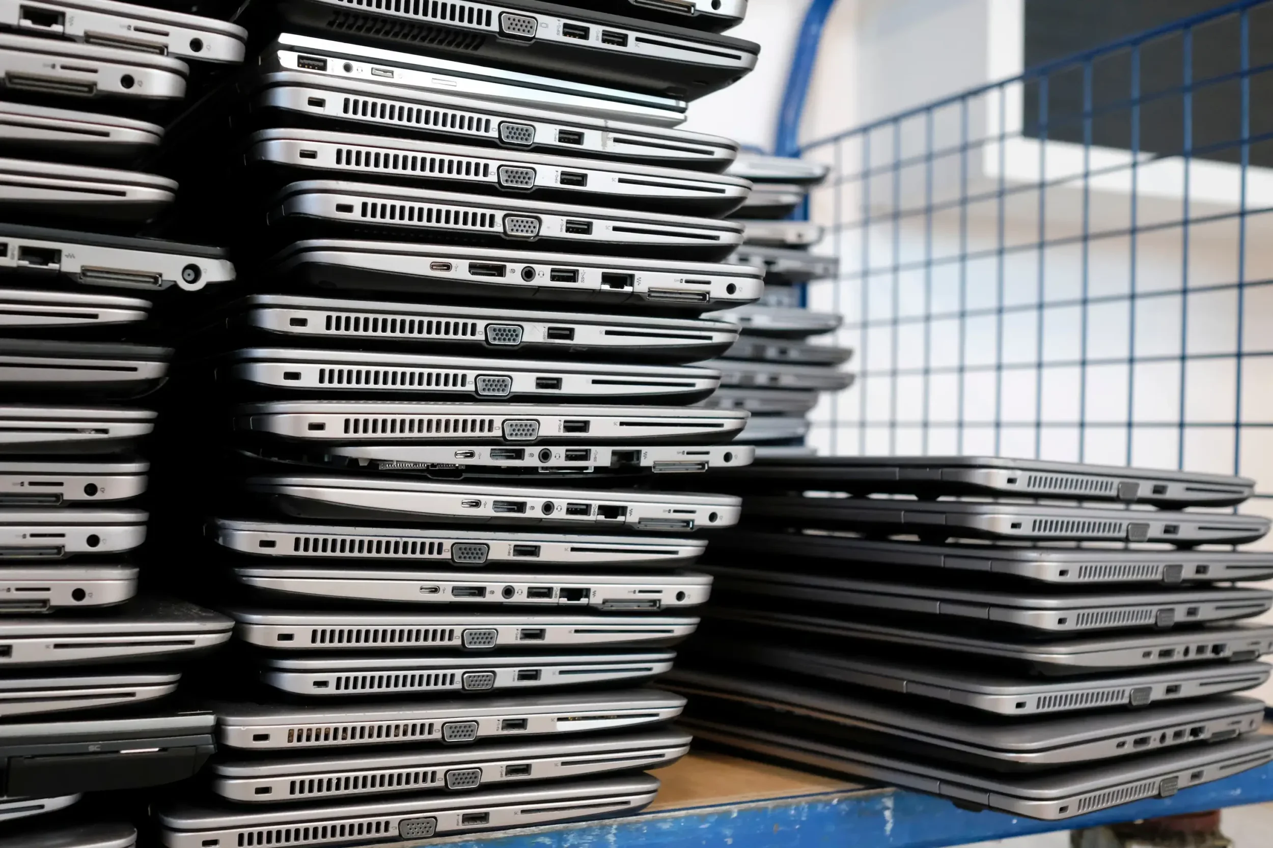 Een stapel laptops ligt op een tafel, gericht op de onderkant waar verschillende poorten en ventilatieroosters zichtbaar zijn.