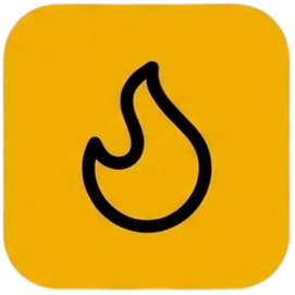 Yellow background with a black flame icon in the center.