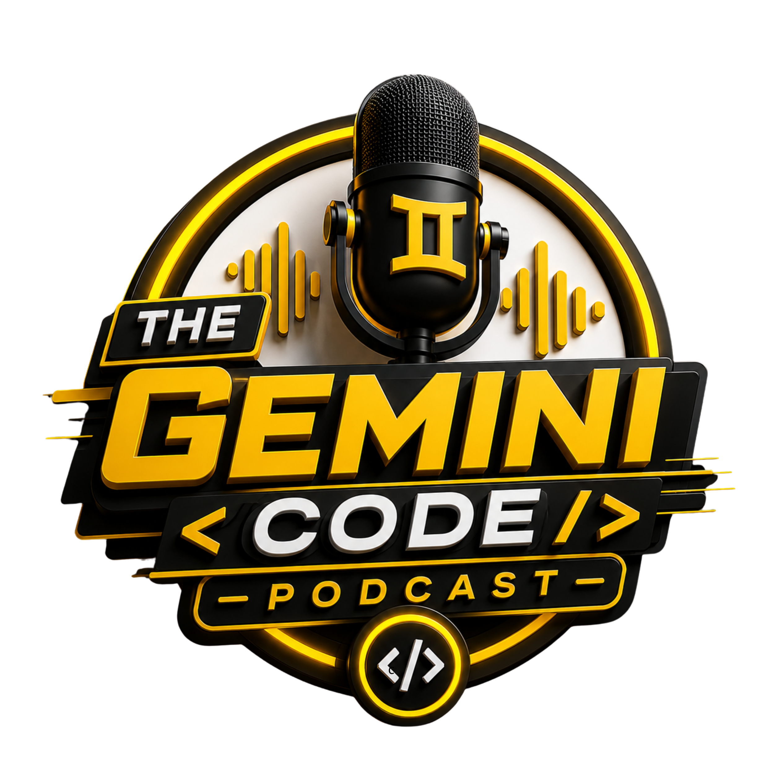 Neon sign featuring a black microphone, yellow and white text reading 'The Podcast,' and sound wave graphics on a black background.