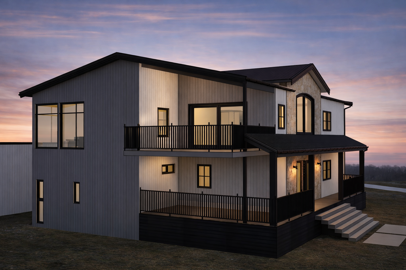 Moderne fler-etasjes hus under solnedgang med store vinduer, utendørs terrasser og trapp