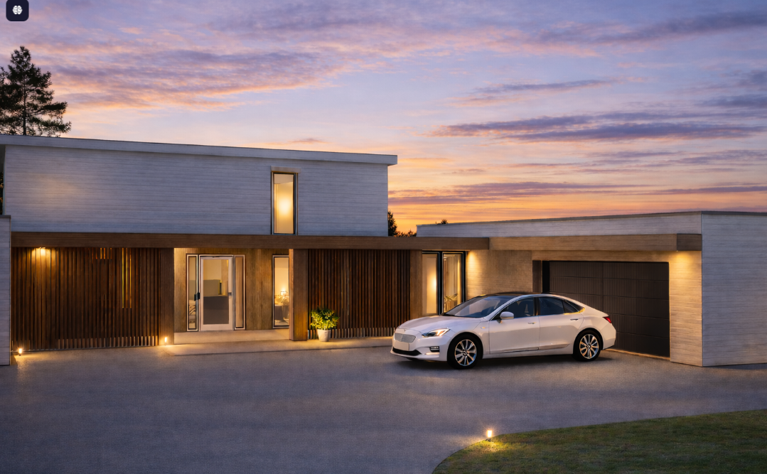 Moderne hus med hvit og trefasade, bil i garasje og opplyst inngang ved solnedgang.