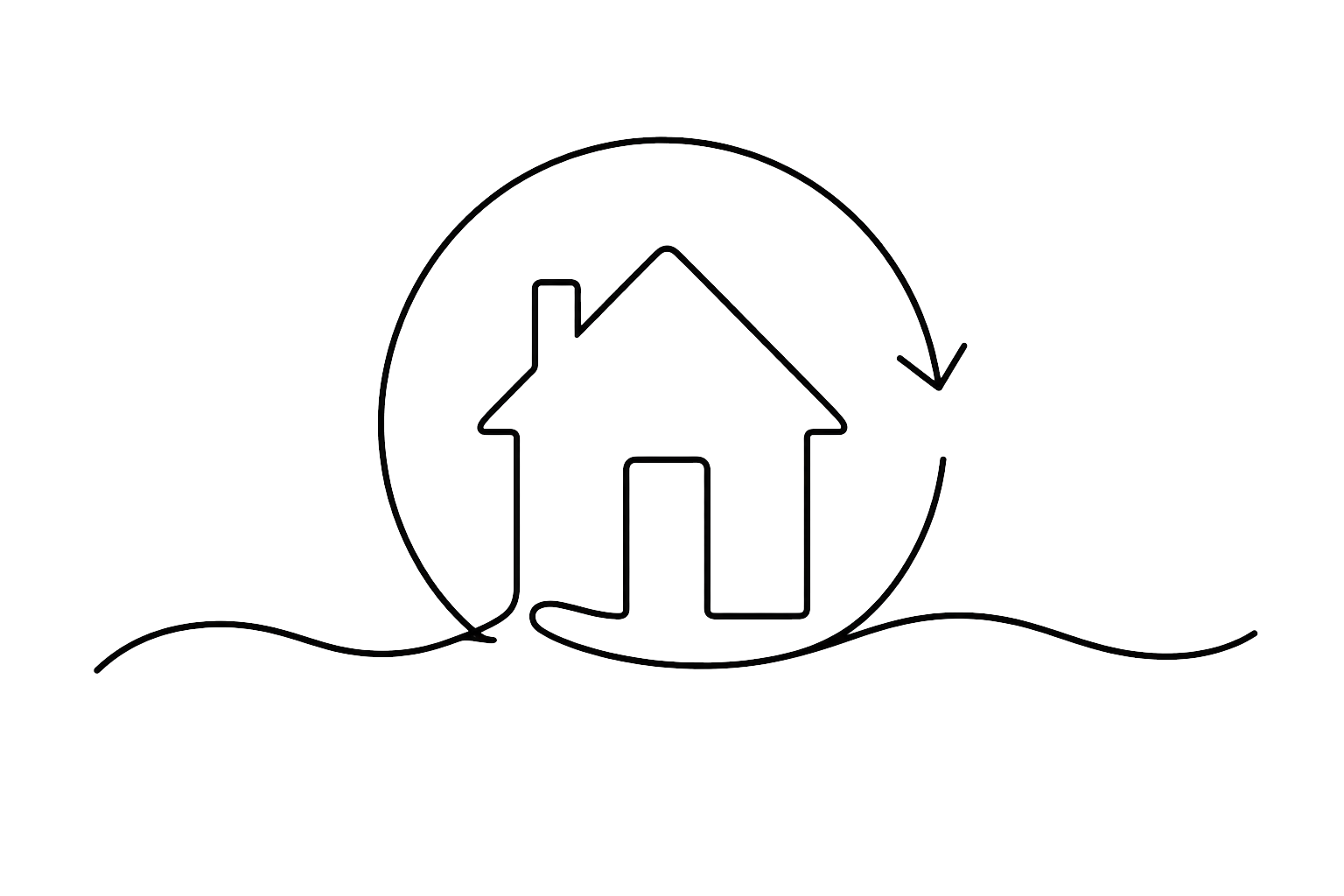 Tegning av et hus med en piler som går rundt det, symboliserer huset er under omsorg eller beskyttelse.
