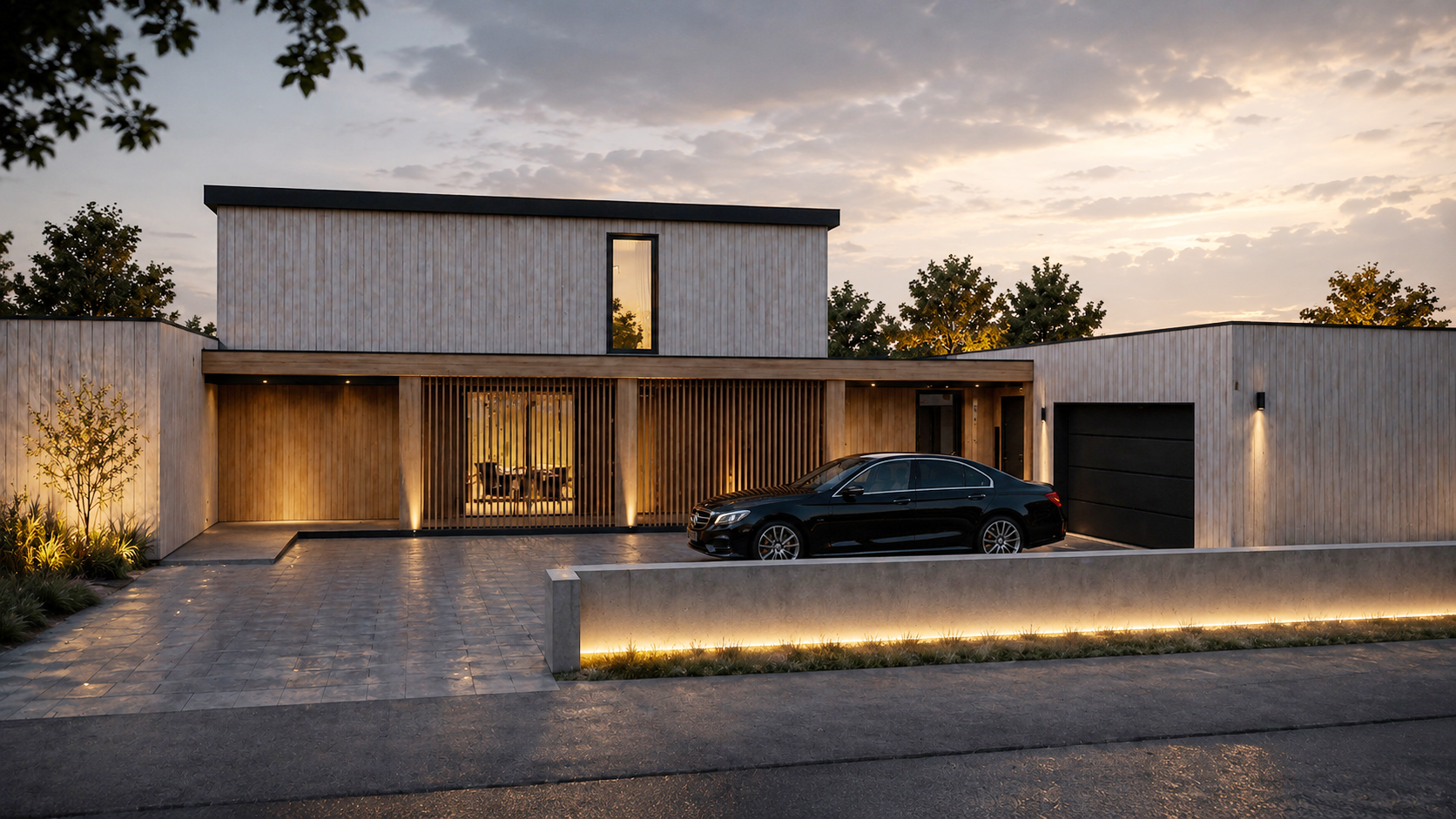 Moderne, minimalistisk bolig med tre etasjer, tre arkitektoniske seksjoner med trettende tømmerfasader, en svart bil på gårdsplassen, og mykt utendørs belysning i skumringen.