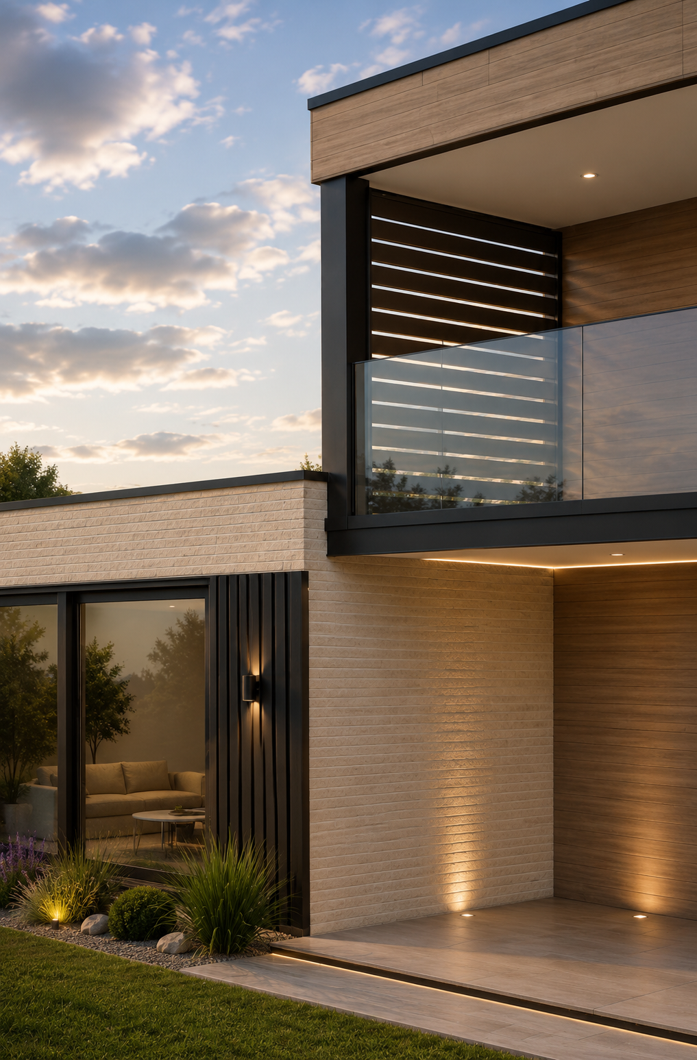 Moderne bolig med glassrekkverk og utendørs belysning, ligger i et grønt område ved solnedgang.