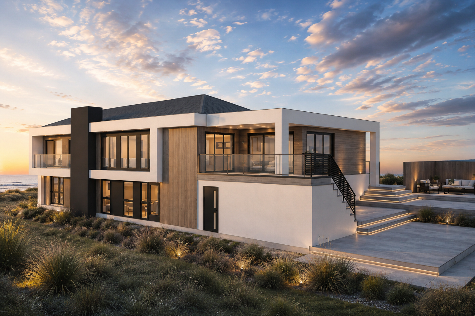 Moderne villa med store vinduer, terrasse og trapp, omgitt av dekorative planter, ved havet under en solnedgang.