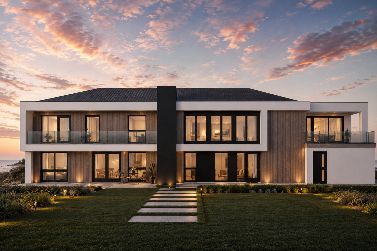 Moderne toetasjershus med glassrekkverk, store vinduer, og en grønn plen foran, under en fargerik solnedgang.