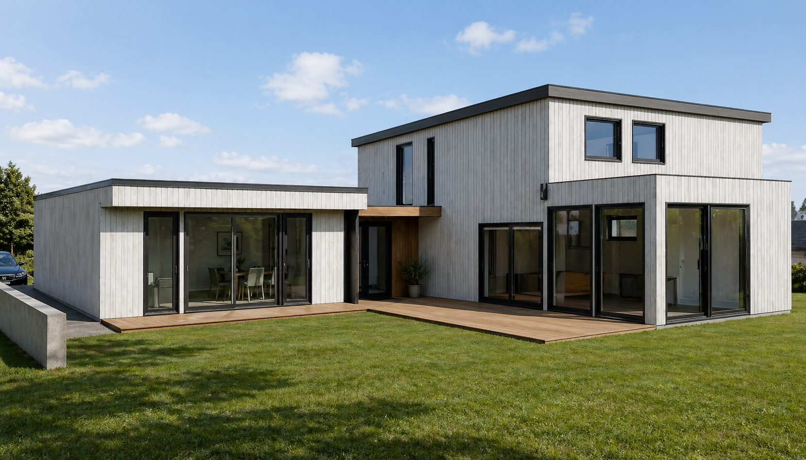 Moderne to-etasjers hus med store vinduer, tre utgangsdører, og tre utendørs terrasser. Husets vegger er kledd i lys treverk, og det er en grønn plen foran huset. Klar blå himmel med noen skyer.