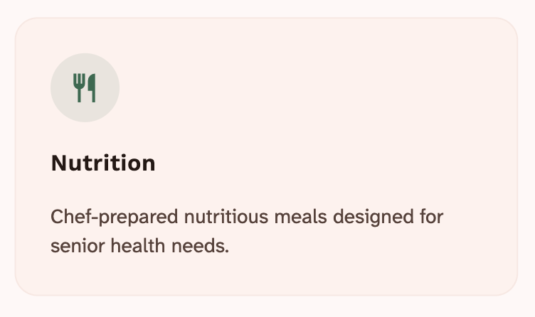 Nutrition section with a fork and knife icon, describing chef-prepared nutritious meals for senior health needs.