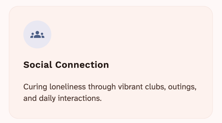 Text reading "Social Connection" with a description about curing loneliness through vibrant clubs, outings, and daily interactions, and a small icon of three people.