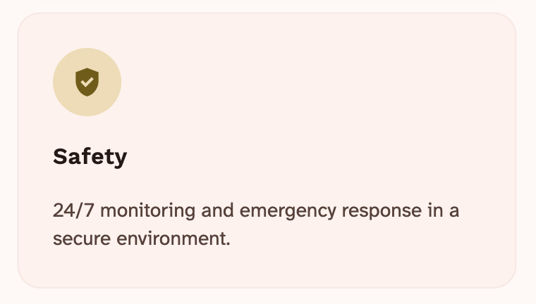 A section titled 'Safety' with a shield icon. Description: 24/7 monitoring and emergency response in a secure environment.