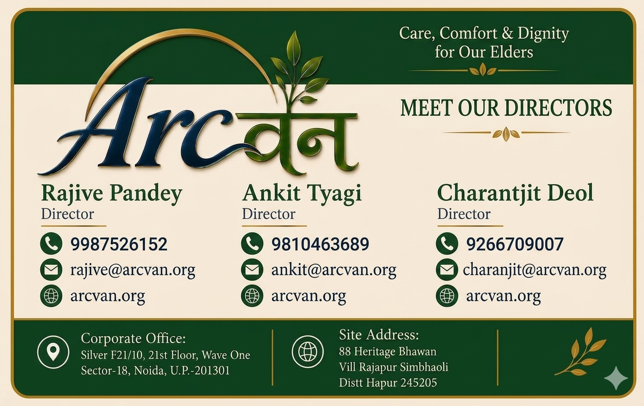 Business card for ARC, which offers care and dignity for elders. The card features the names and contact information of three directors: Rajive Pandey, Ankit Tyagi, and Charantjit Deol. It includes phone numbers, email addresses, and website URL arcvan.org. The card also provides the corporate office address in Noida and the site address in Vill Rajapur Simbhaoli, Hapur district. The design is green and gold with plant and leaf motifs.