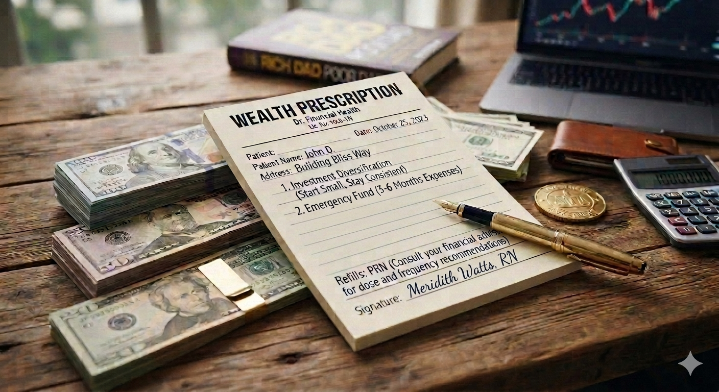 A wooden table with stacks of U.S. money, a pen, a gold coin, a calculator, a leather wallet, a laptop, a book, and a financial prescription form for wealth and health planning.