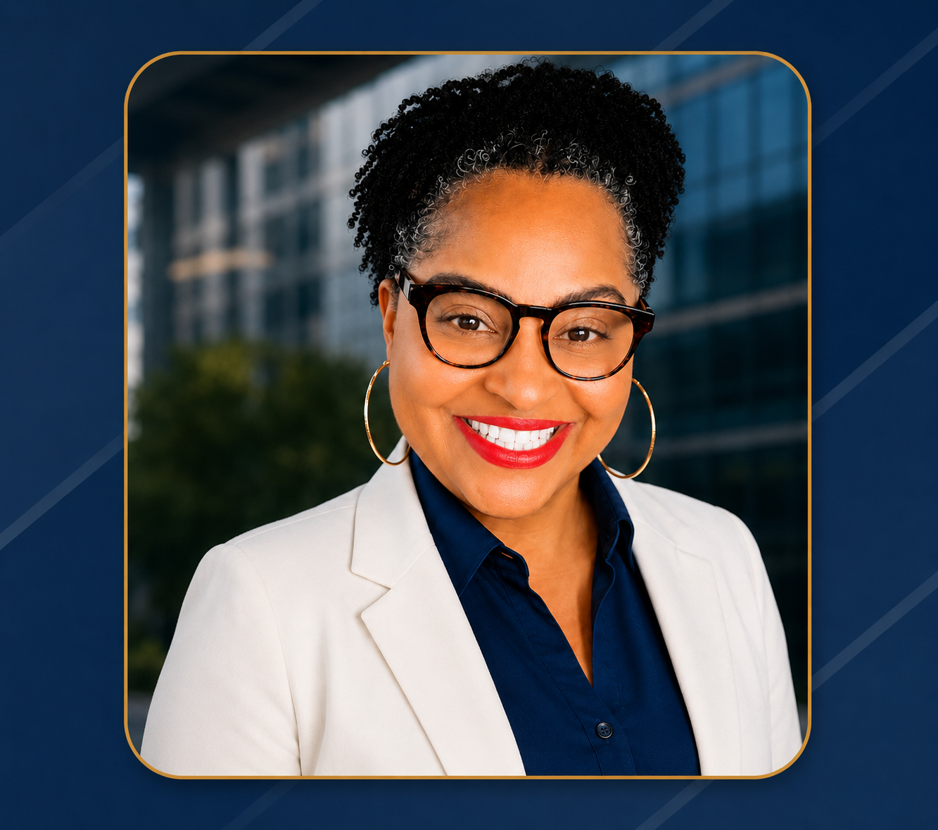 A smiling woman with short curly black hair, wearing glasses, gold hoop earrings, a white blazer, and a dark blue shirt, standing outdoors in front of a modern glass building.