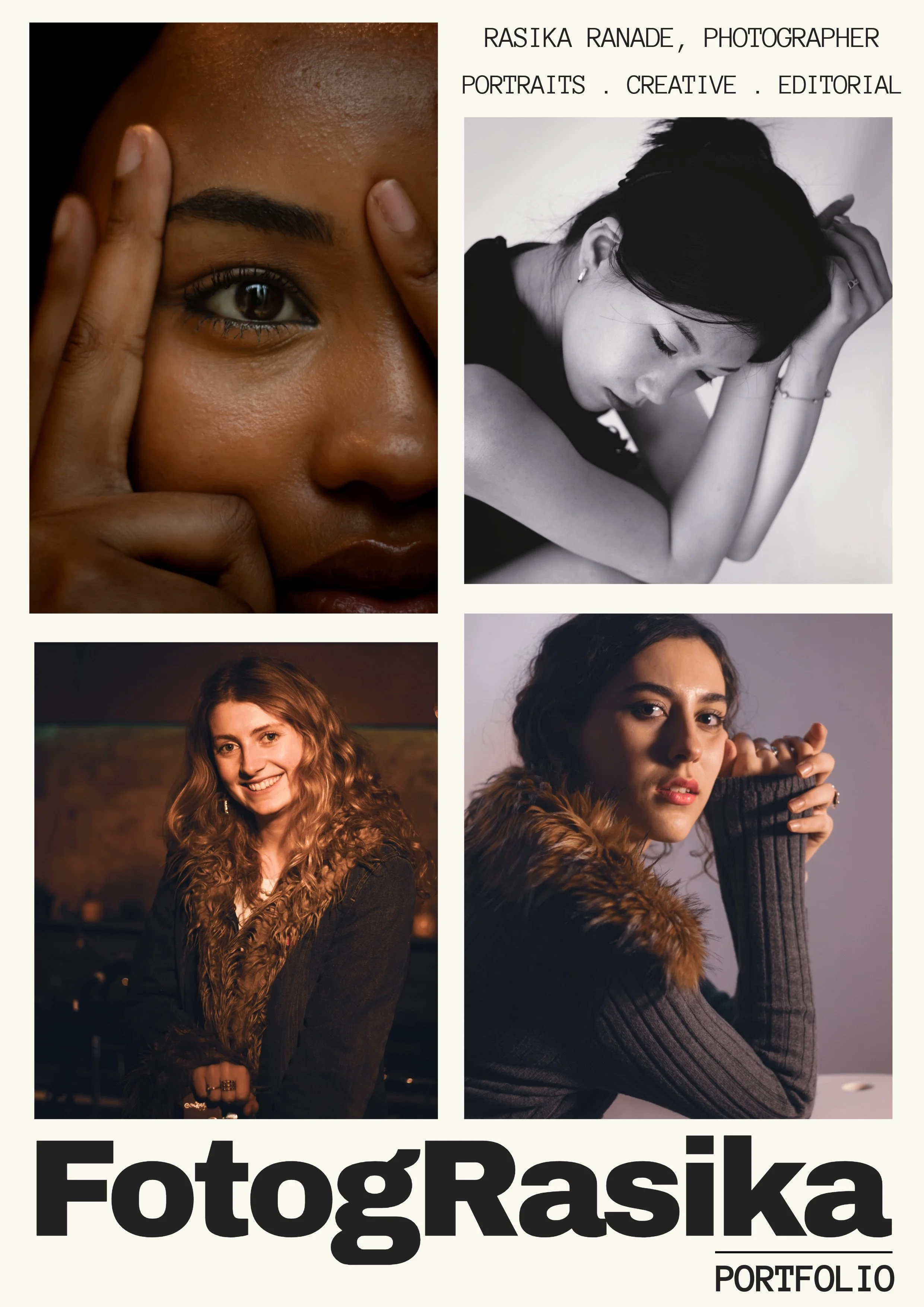 Collage with Four portrait photographs of women, three in color and one in black and white, with text indicating photography portfolio by Rasika Ranade