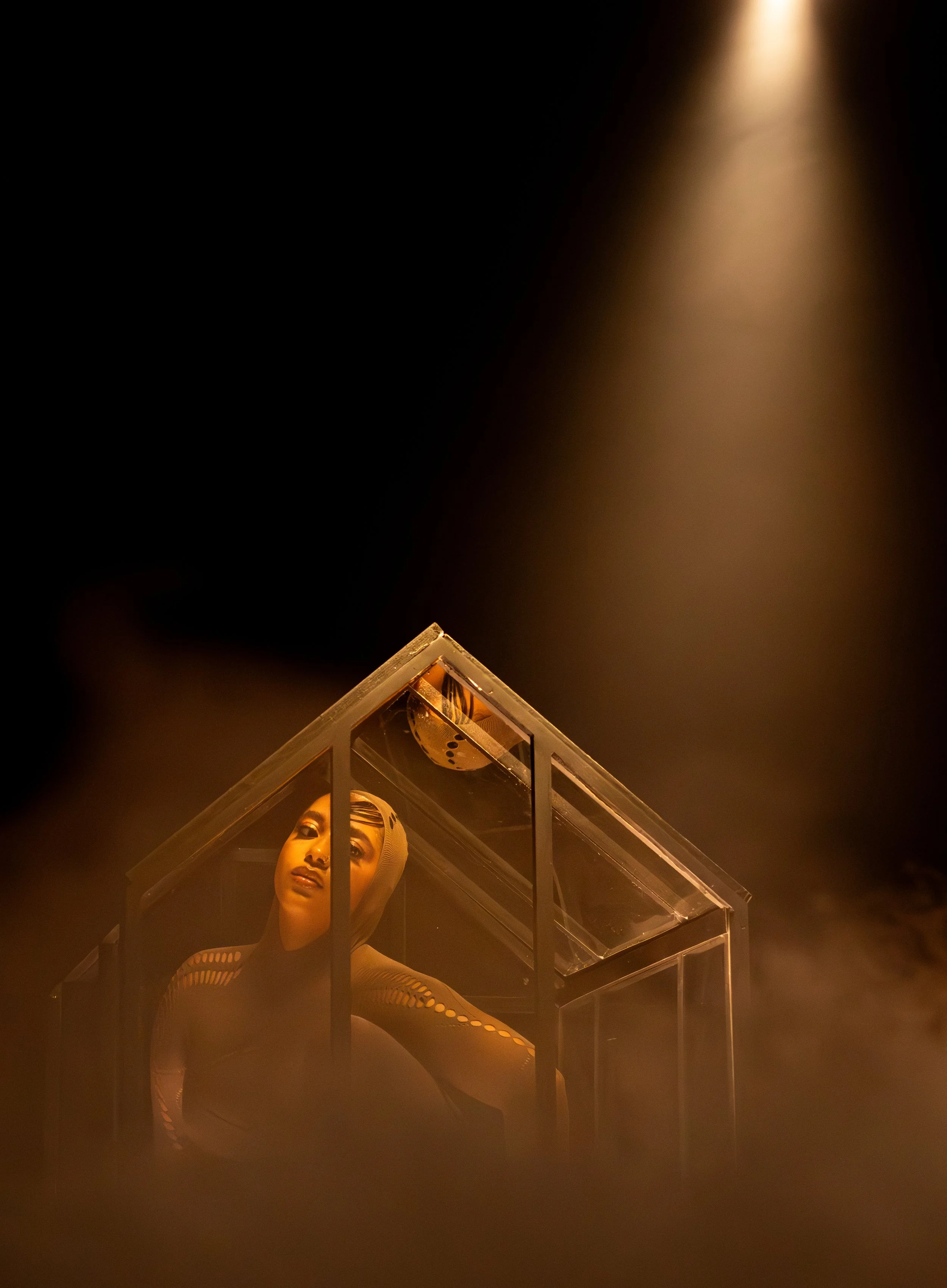 A model/singer with a beige bodysuit and nude makeup, displayed inside a glass display case illuminated by a spotlight, set against a dark background. Music Video still showing her mimicking a pupa trapped inside.