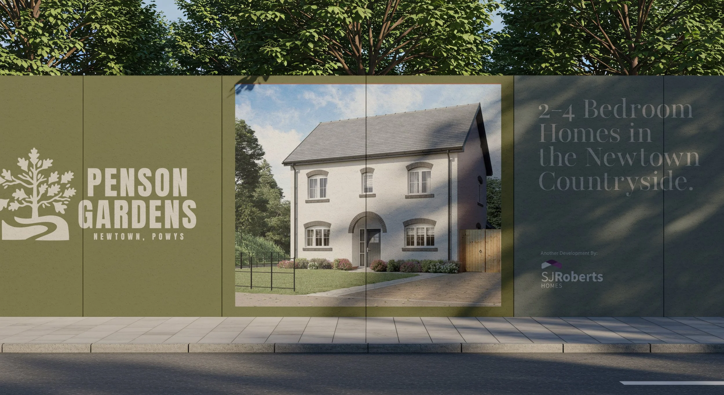 Render of a white two-story house with dark gray roof, arched windows, and front yard with small bushes, behind a sign with trees overhead. The sign reads 'Penson Gardens, Newtown, Powys' and mentions 2-4 bedroom homes in Newtown countryside.