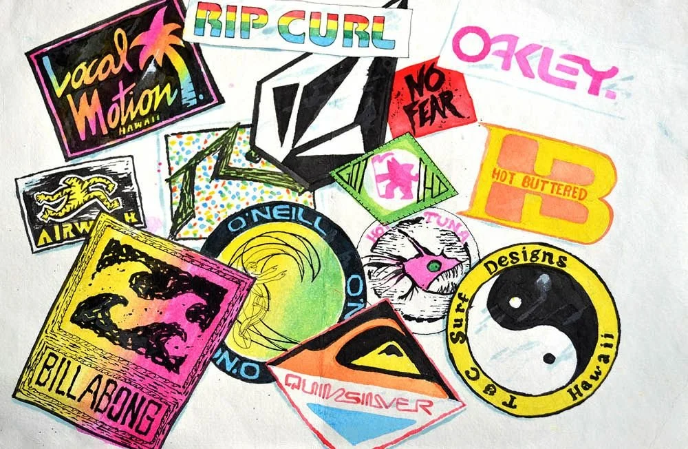 A collection of colorful sticker logos related to surfing, skateboarding, and streetwear brands. Some visible brands include Oakley, Billabong, Rip Curl, Volcom, and Sunfou Designs. There are also various artistic and illustrative designs such as a yin-yang symbol, a whale, and abstract patterns.