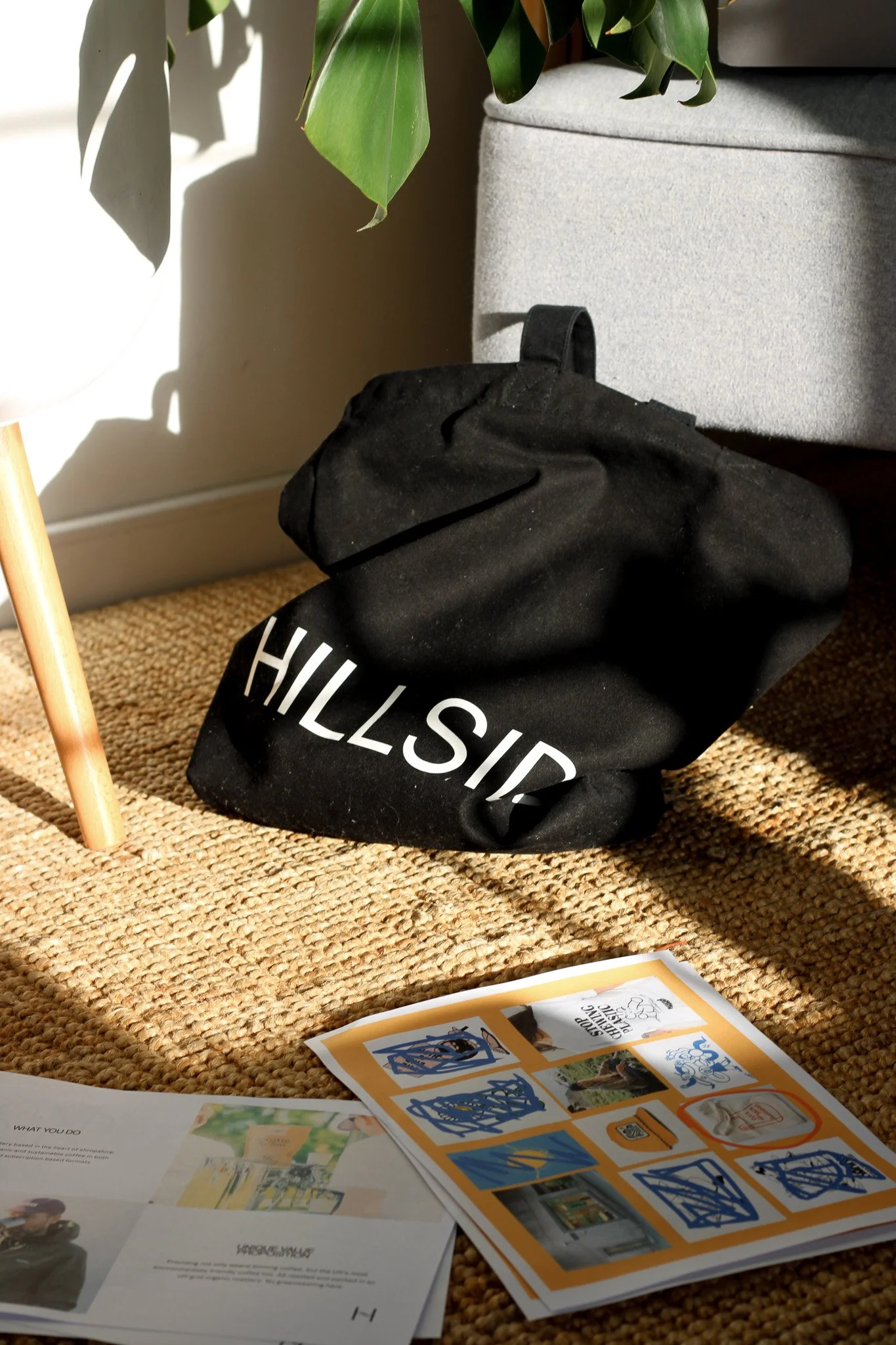 Brochures and flyers on a woven surface near a black bag with white text, a gray upholstered piece of furniture, a green plant with large leaves, and a wooden-legged lamp casting shadows.