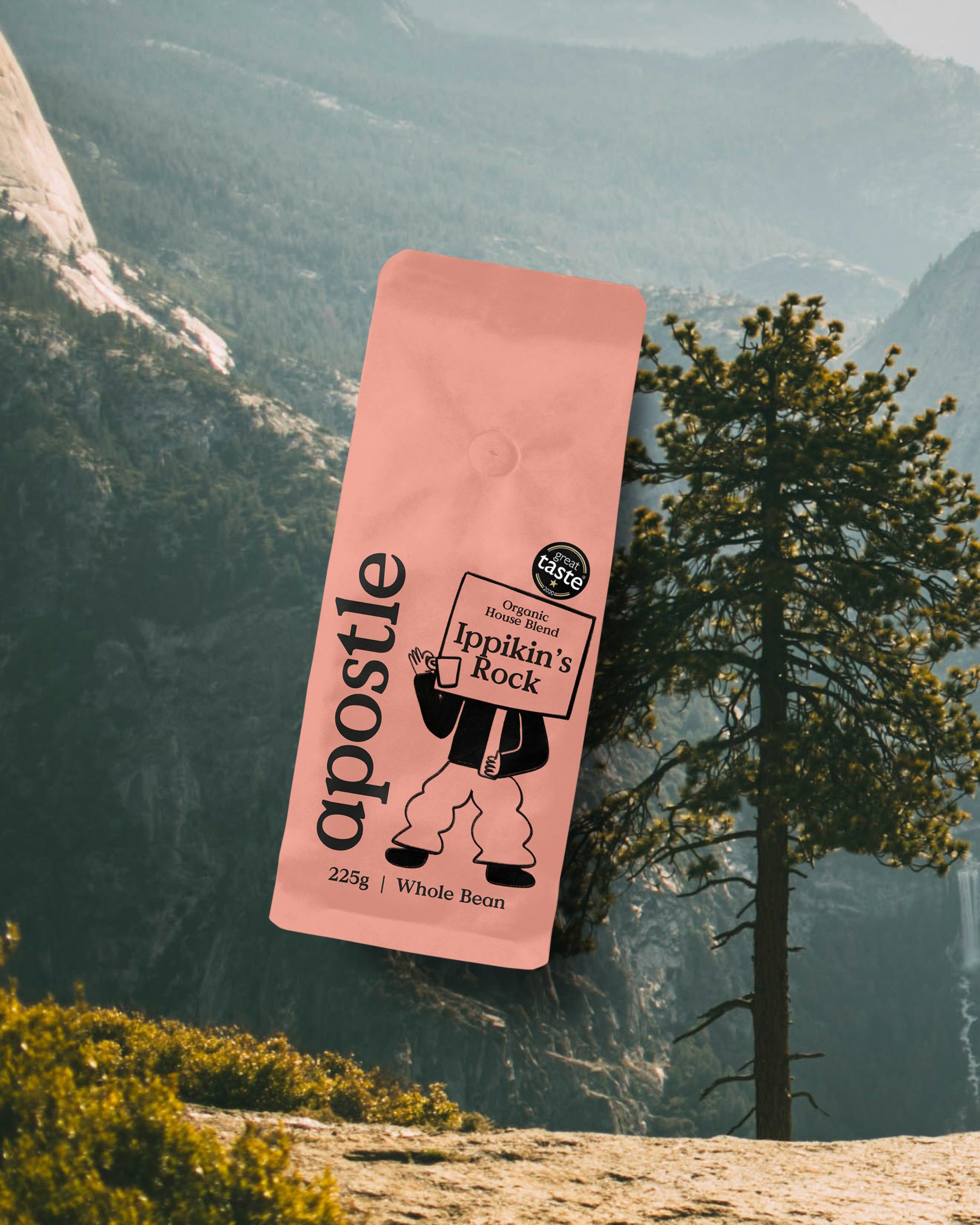 Pink package of organic whole bean coffee with Mountain View logo, titled 'Ippikin's Rock', with a mountain landscape background including mountains, trees, and shrubs.