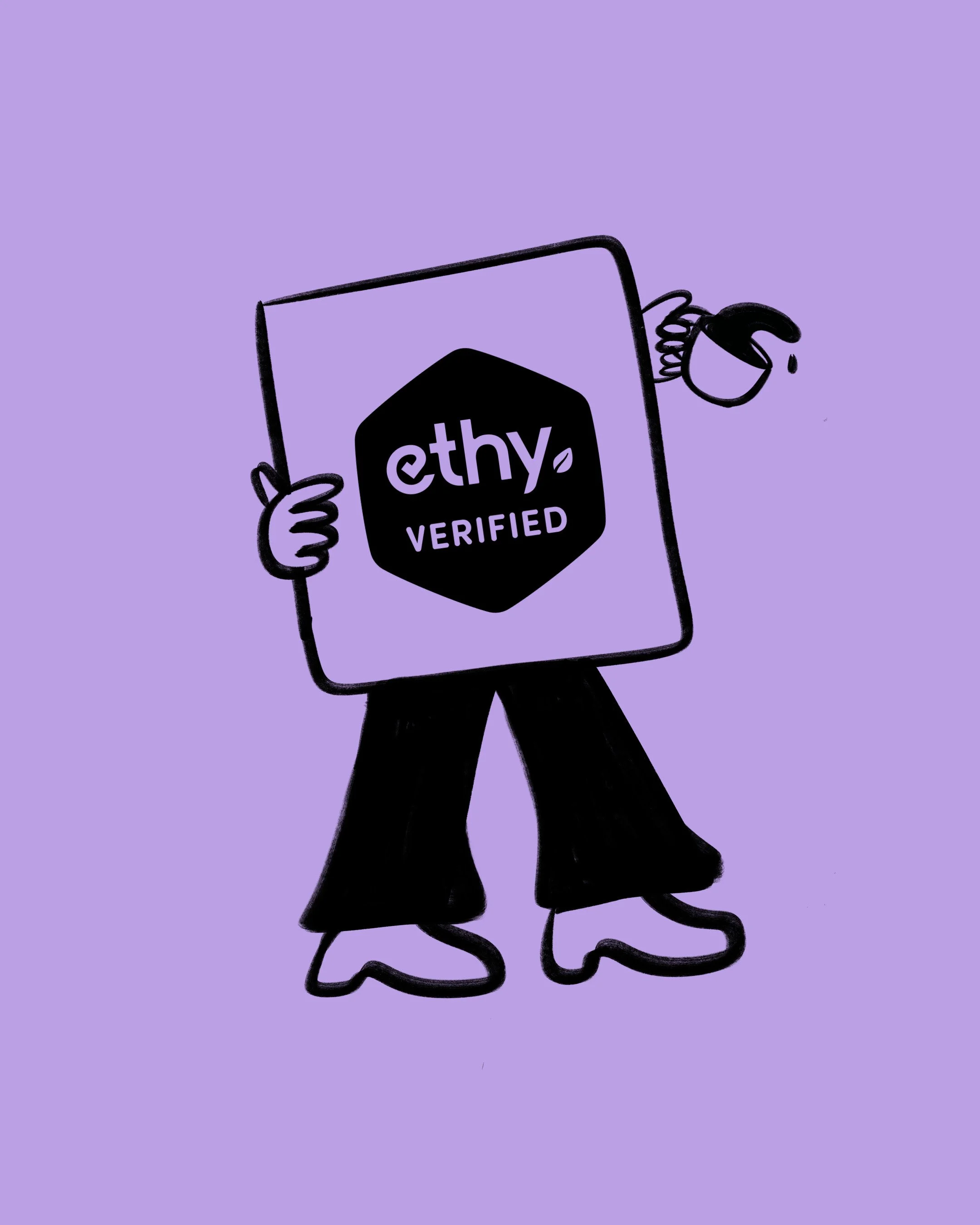 Illustration of a person holding a framed certificate that says "ethy VERIFIED" with a purple background.