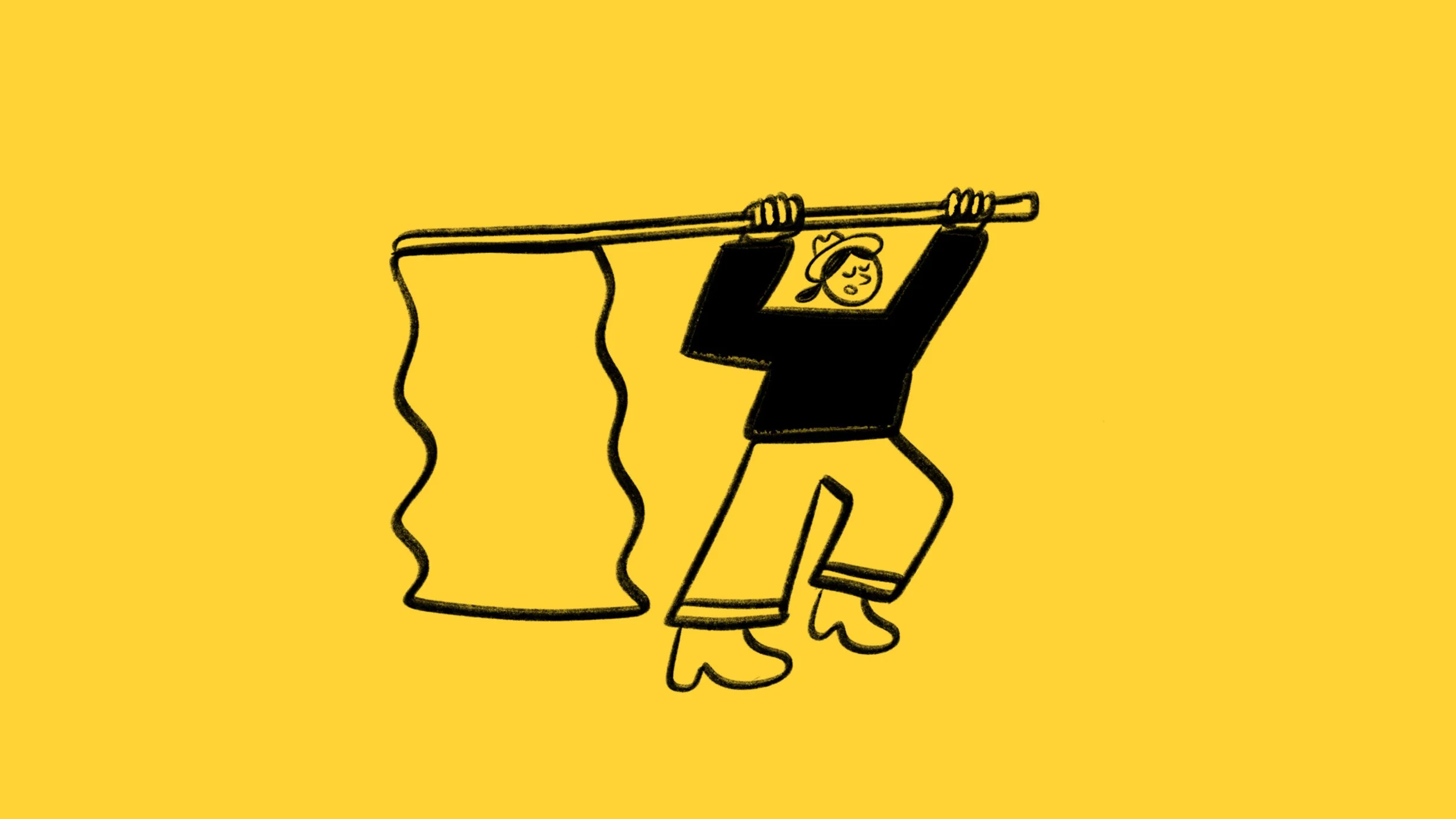 A black and white cartoon drawing of a person hanging from a horizontal bar, with a sad face on a framed picture on their head, holding a long stick, and standing behind a container with a wavy line in it, on a yellow background.