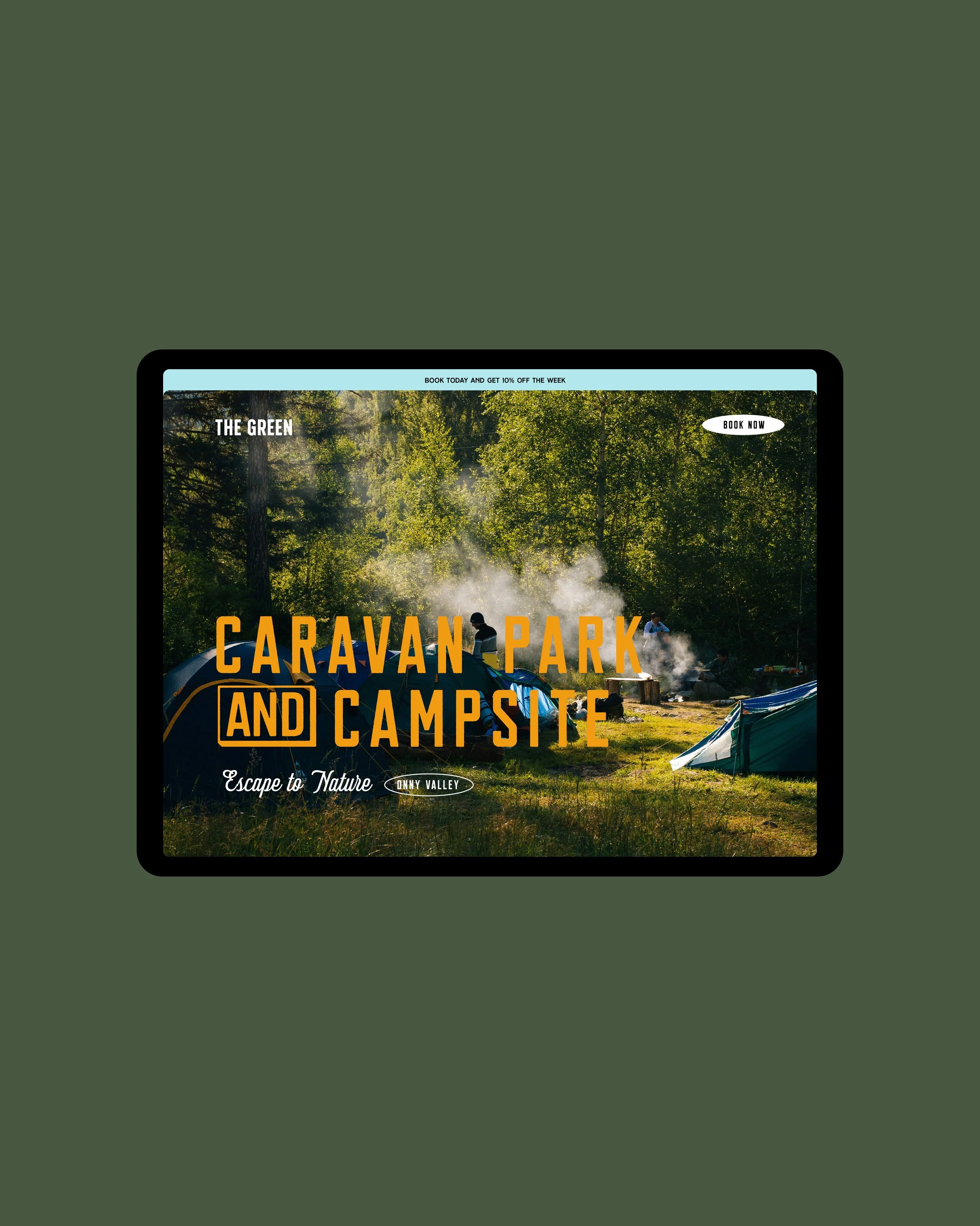 Tourist website advertisement for Caraway Park and Campsite showing a forest with tents and campers, promotional text including "Escape to Nature" and "Book Today and Get 10% Off the Week."