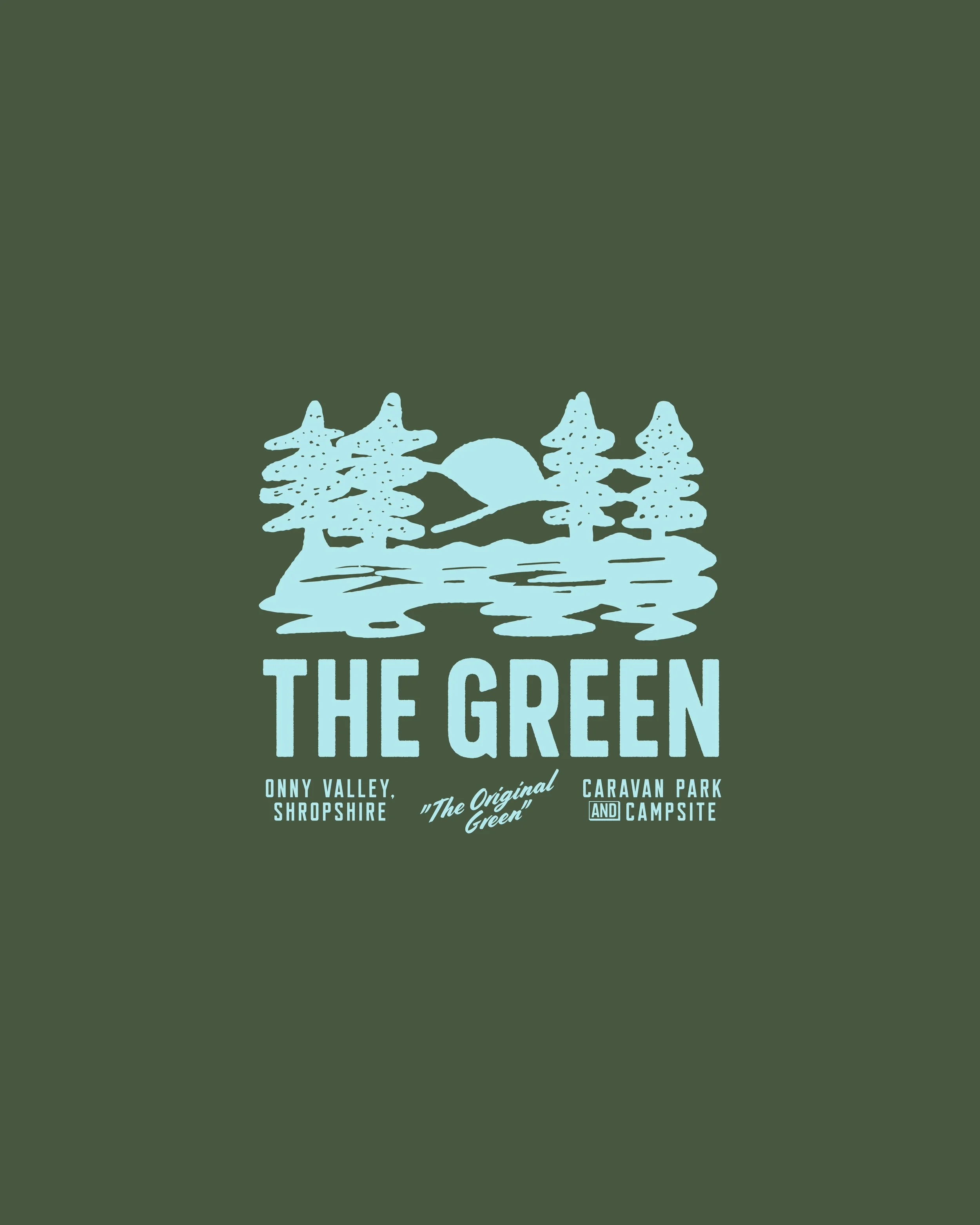 A green poster with light blue silhouette of pine trees and a setting sun over water, featuring the text 'The Green' and additional location information below.
