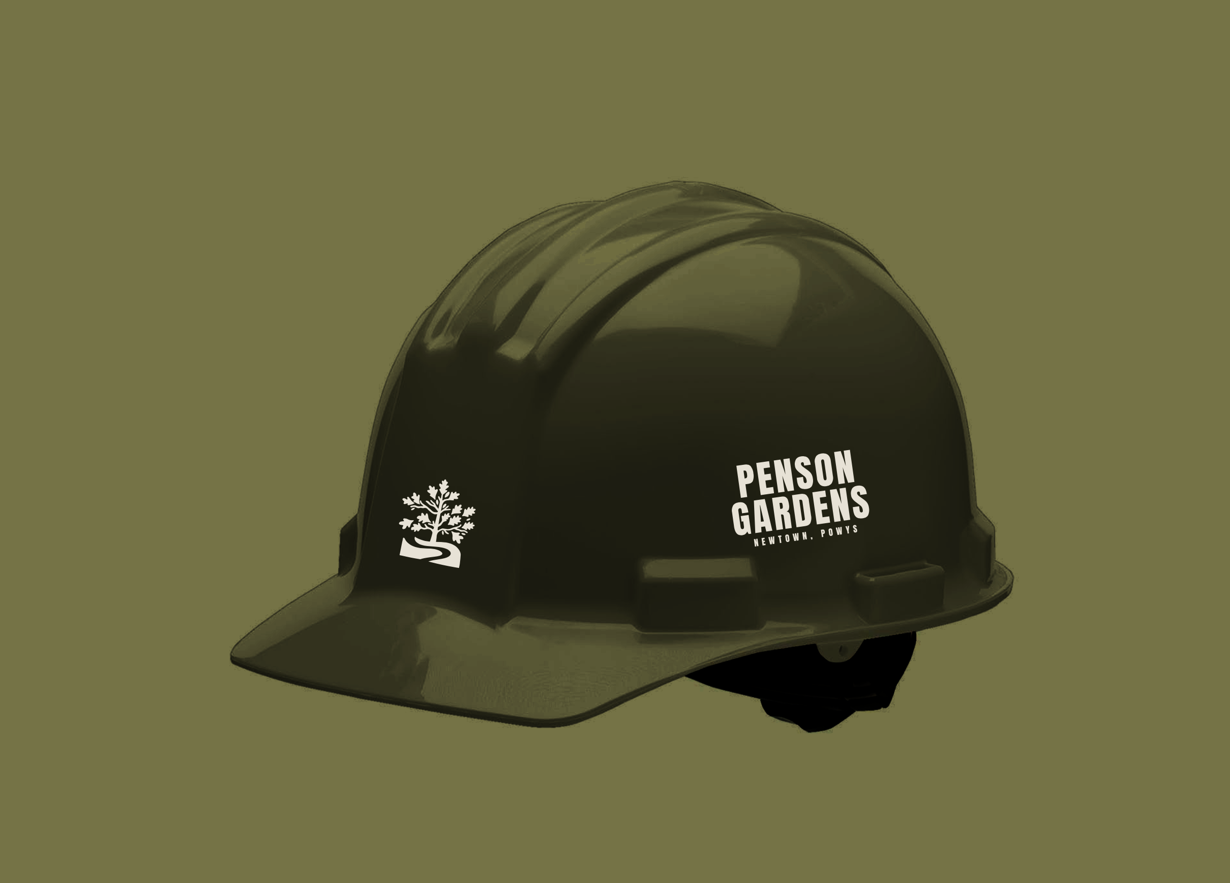 A black safety helmet with white text and a logo on the front, placed against a muted olive green background.