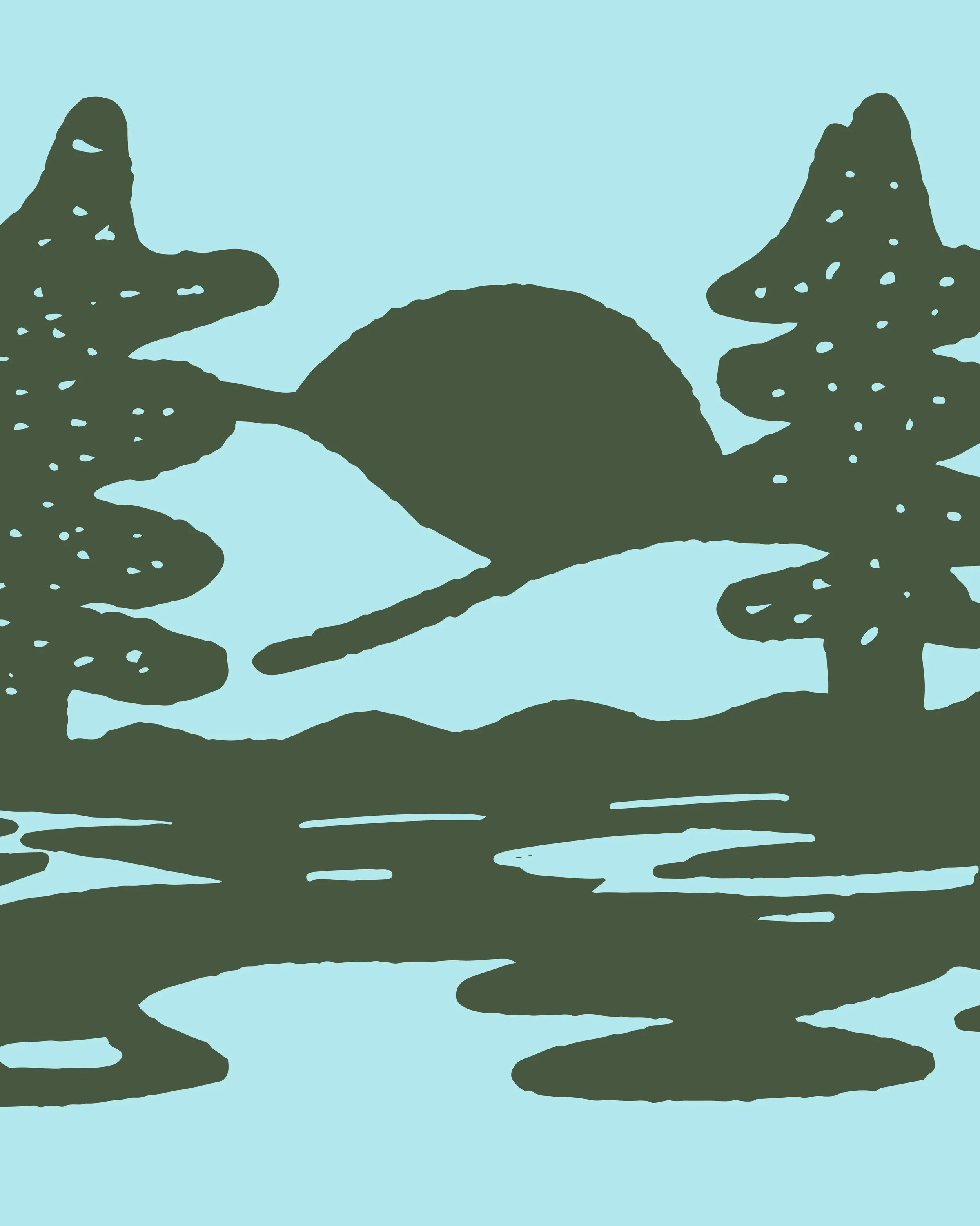 Silhouette of two trees and a mountain in the background, with water in the foreground, in a digital illustration style.