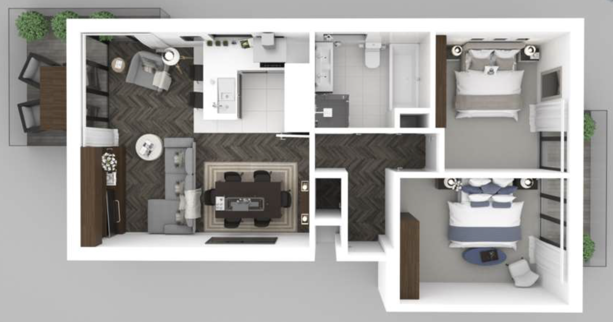 Top-down view of a modern two-bedroom apartment floor plan with living room, dining area, kitchen, two bedrooms, bathroom, and outdoor balcony.