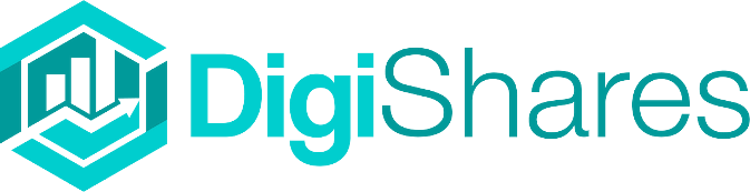 DigiShares logo with a stylized geometric icon and company name in turquoise and black text.